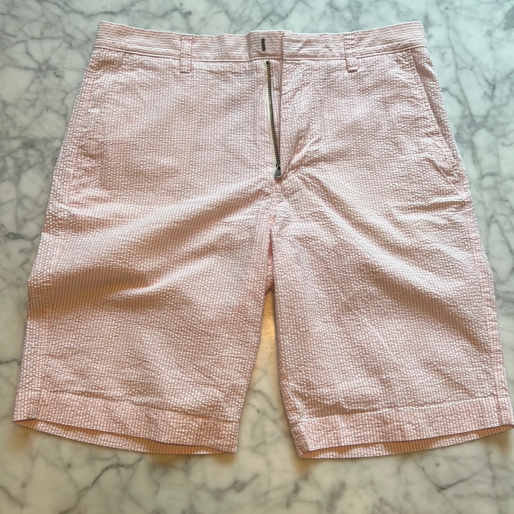J. Crew men’s Rivington shorts. Seersucker, pale pink and white stripes.